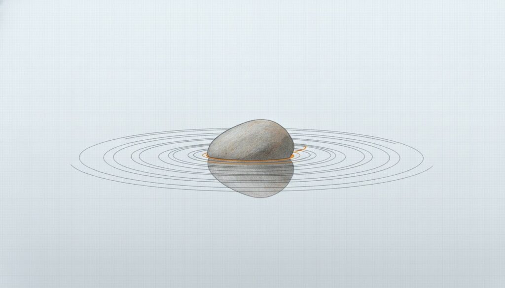 A smooth stone entering still water, ripples spreading over an opaque depth
