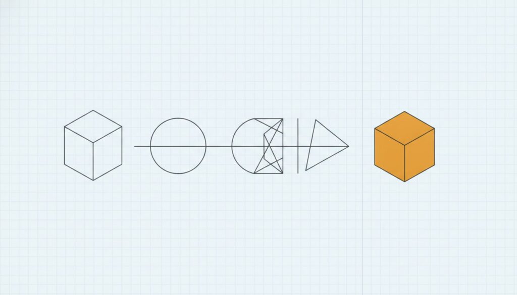 Simple geometric primitives assembling into one solid amber cube on engineering graph paper