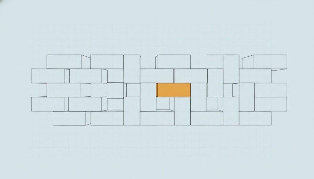 Plain interlocking blocks forming a dense wall, one block picked out in amber