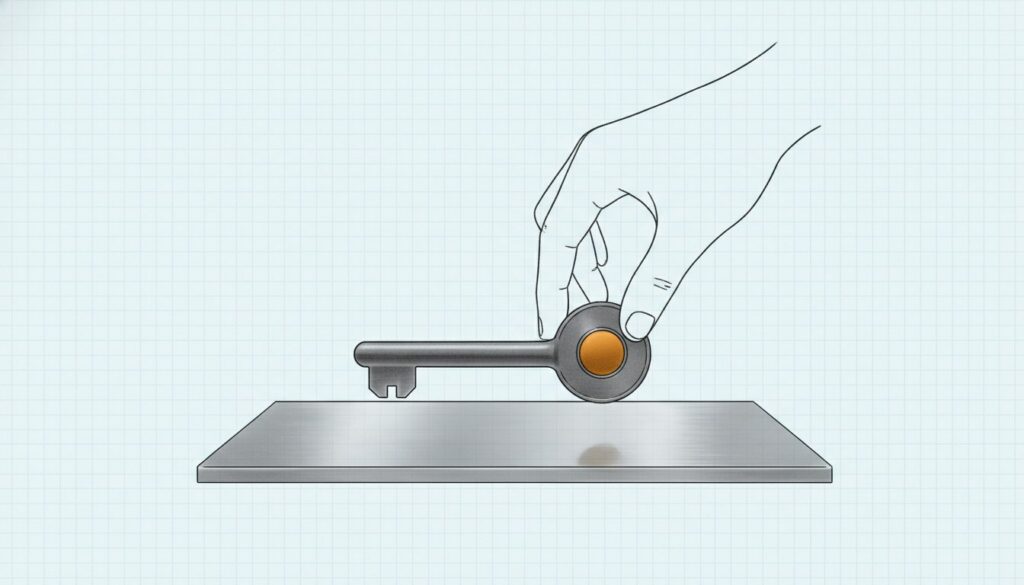 A hand placing a single unmarked key onto a solid metal plate